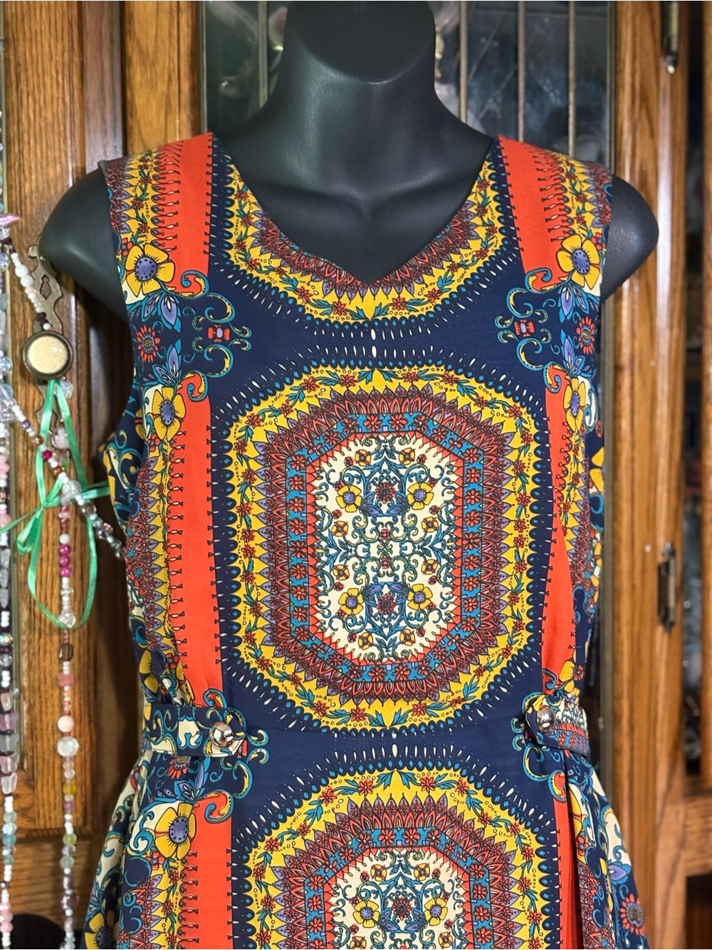 bohemian printed sleeveless dress defined cinch waist flowy mini-length skirt. - Picture 9 of 16